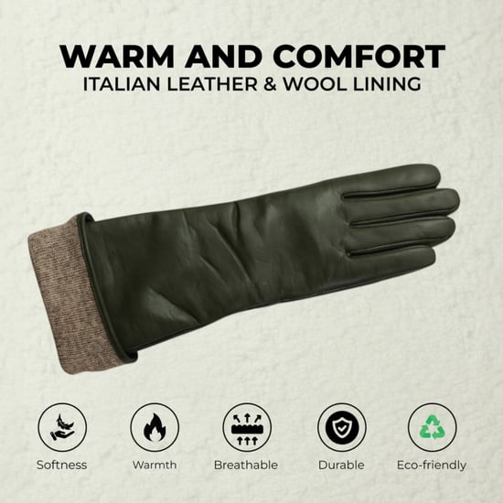 Dames lange olijfgroene Italiaanse leren winterhandschoenen met zachte wollen voering - Image 3