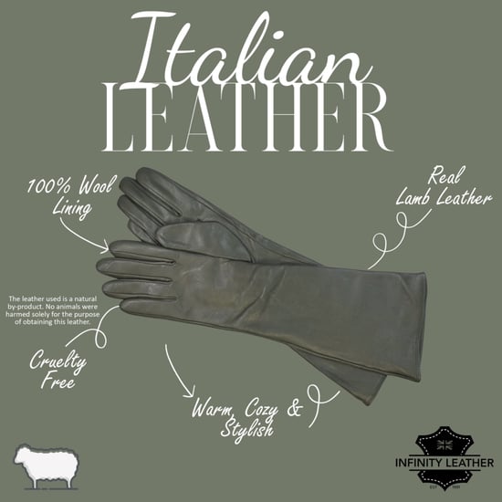 Dames lange olijfgroene Italiaanse leren winterhandschoenen met zachte wollen voering - Image 4