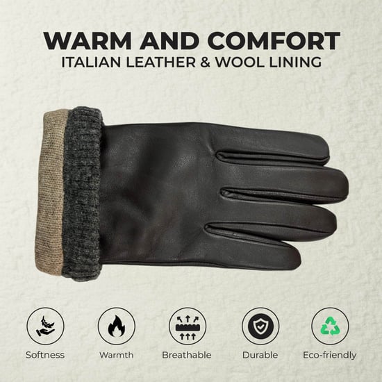 Men’s Brown Italian Leather Warm Wool Lining Winter Bike Riding Driving Casual Gloves - Image 3
