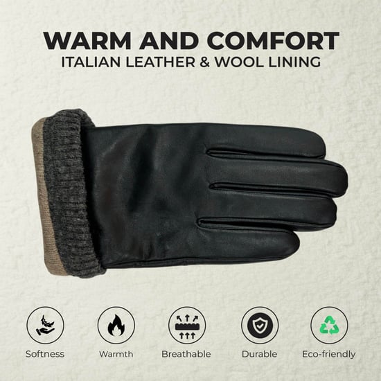 Men’s Black Italian Leather Warm Wool Lining Winter Bike Riding Driving Casual Gloves - Image 3