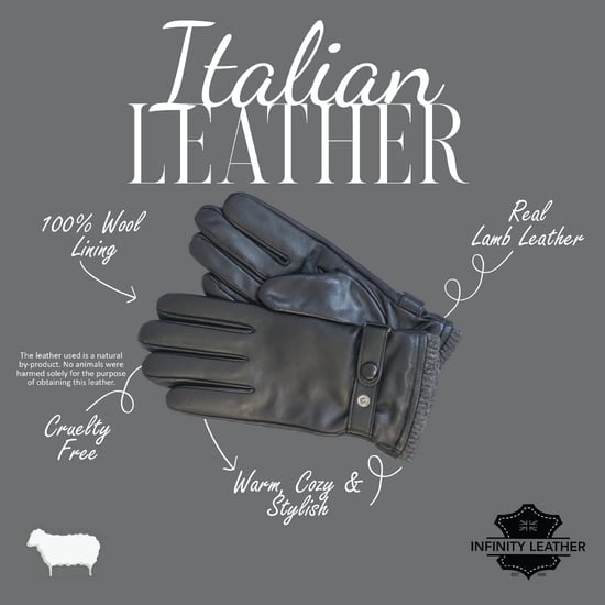 Men’s Black Italian Leather Warm Wool Lining Winter Bike Riding Driving Casual Gloves - Image 4