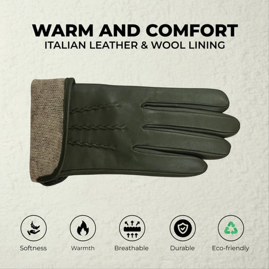 Dames olijfgroene Italiaanse leren zachte wollen voering wintersteeklijnontwerp rijhandschoenen - Image 2