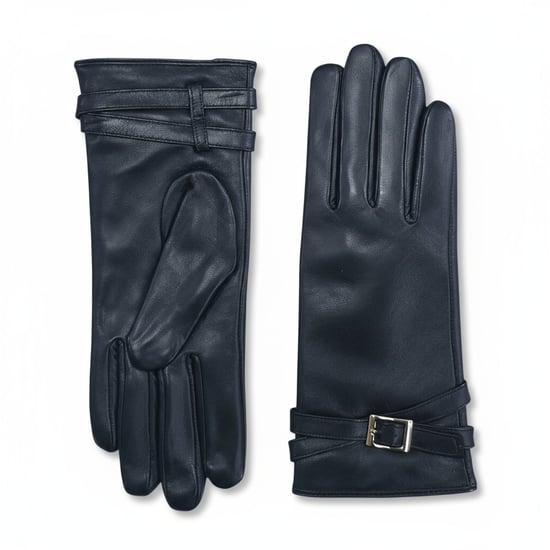 Womens Black Italian Leather Soft Wool Lining Winter Buckle Driving Gloves - Image 1