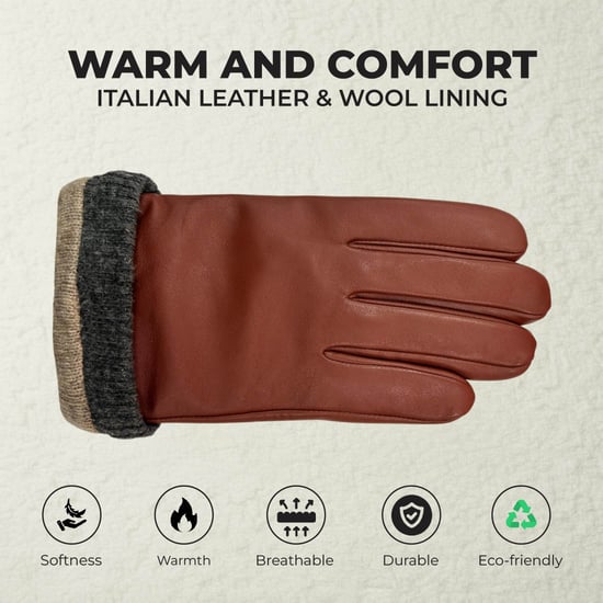 Men’s Tan Brown Italian Leather Warm Wool Lining Winter Bike Riding Driving Casual Gloves - Image 3