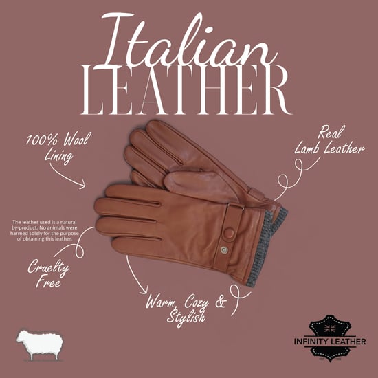 Men’s Tan Brown Italian Leather Warm Wool Lining Winter Bike Riding Driving Casual Gloves - Image 4