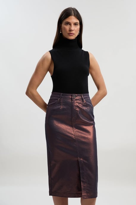 Metallic Coated Denim Pencil Midi Skirt - Image 1