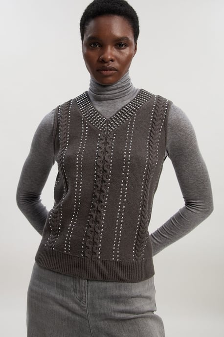 Embellished Hotfix V Neck Knit Tank - Image 1