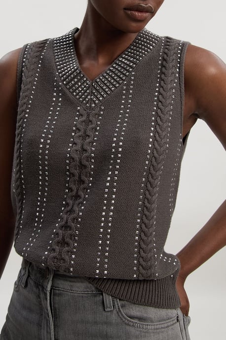 Embellished Hotfix V Neck Knit Tank - Image 3