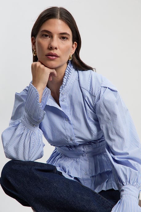 Cotton Poplin Stripe Tiered Ruffle Detail Long Sleeve Woven Blouse - Image 1