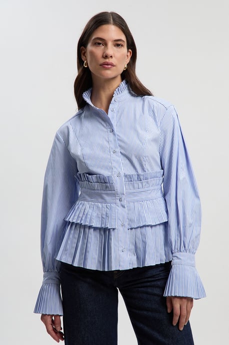 Cotton Poplin Stripe Tiered Ruffle Detail Long Sleeve Woven Blouse - Image 2