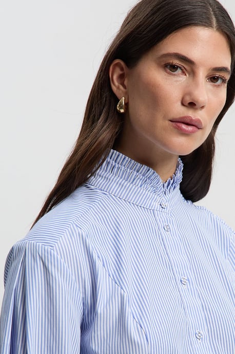 Cotton Poplin Stripe Tiered Ruffle Detail Long Sleeve Woven Blouse - Image 3