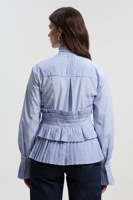 Cotton Poplin Stripe Tiered Ruffle Detail Long Sleeve Woven Blouse - Image 4
