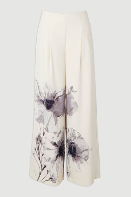 Floral Placement Print Tailored Crepe Pleat Detail Wide Leg Trousers - Image 4