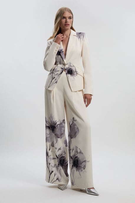 Floral Placement Print Tailored Crepe Pleat Detail Wide Leg Trousers - Image 6