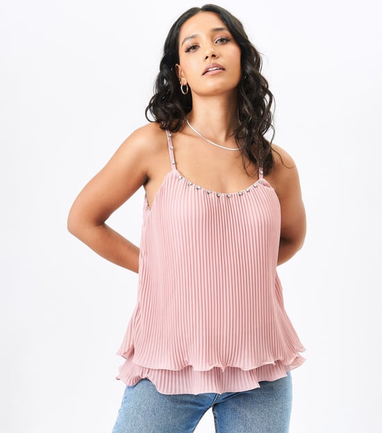 Blush Diamante Trim Dubbelskiktad Plisserad Cami - Image 3