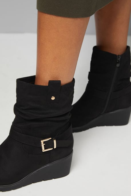 Good For The Sole: Paloma Comfort Ruche Buckle Detail Medium Wedge Casual Ankle Boots - Image 4