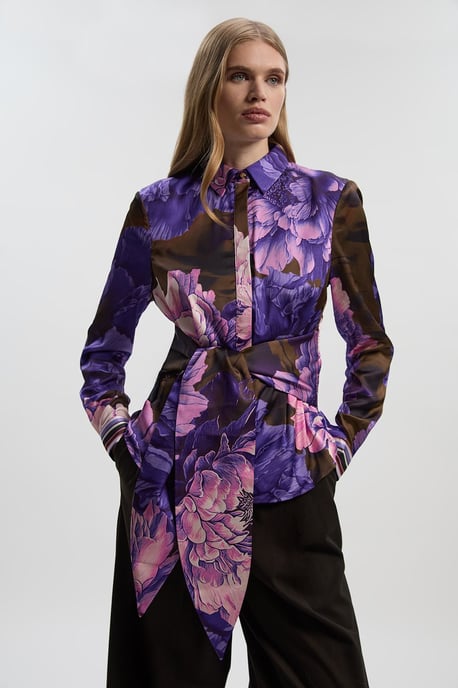 Floral Print Hammered Satin Collared Woven Shirt - Image 1
