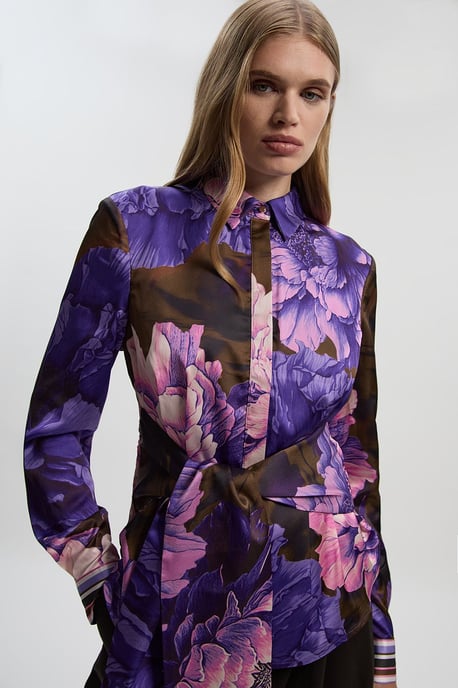 Floral Print Hammered Satin Collared Woven Shirt - Image 2