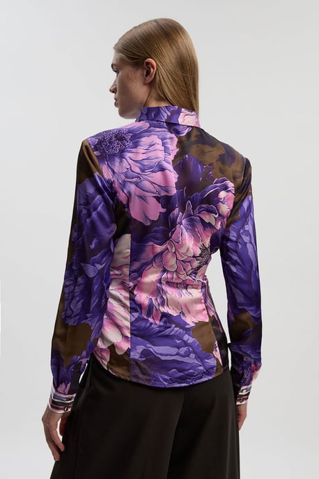 Floral Print Hammered Satin Collared Woven Shirt - Image 4