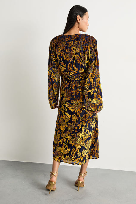 Petite Devore Plunge Neck Knot Waist Balloon Sleeve Midi Dress - Image 3