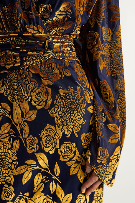 Petite Devore Plunge Neck Knot Waist Balloon Sleeve Midi Dress - Image 4