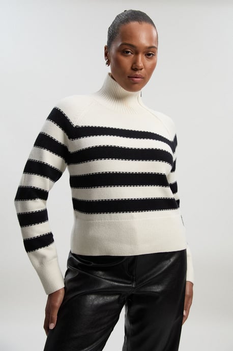 Plus Size Stripe Zip Through Funnel Neck Knit Jumper - Image 1