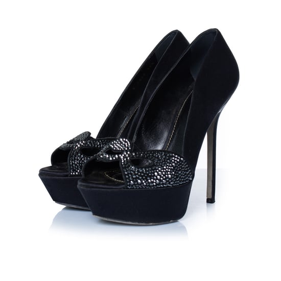 Sergio Rossi svarta pumps i satin med strassmönster - Image 1