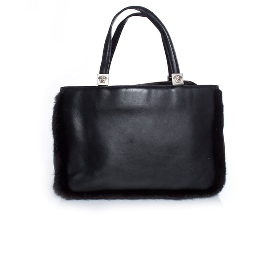 Gianni Versace svart läderhandväska med päls - Image 2