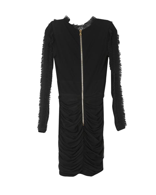 Balmain Zwarte Viscose Met Rimpelige Tule Accentuerende V-Hals Lange Mouwen Mini Jurk - Image 1