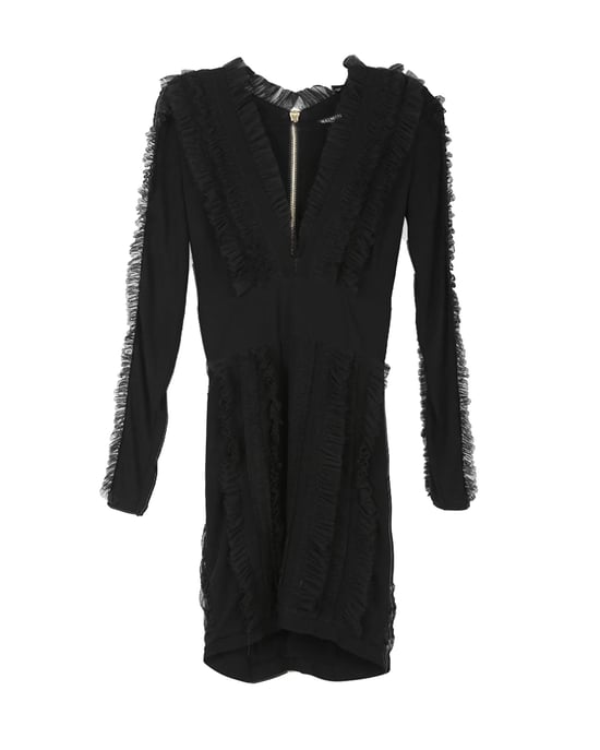 Balmain Zwarte Viscose Met Rimpelige Tule Accentuerende V-Hals Lange Mouwen Mini Jurk - Image 3