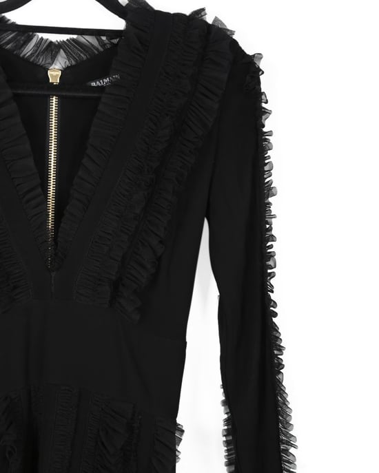 Balmain Zwarte Viscose Met Rimpelige Tule Accentuerende V-Hals Lange Mouwen Mini Jurk - Image 4