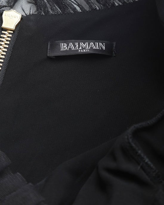 Balmain Zwarte Viscose Met Rimpelige Tule Accentuerende V-Hals Lange Mouwen Mini Jurk - Image 6