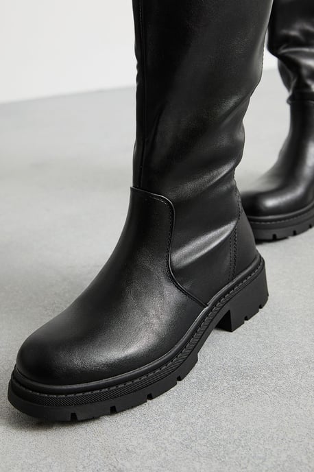 Faith: Daphne Faux Leather Back Elastic Chunky Knee Boots - Image 2
