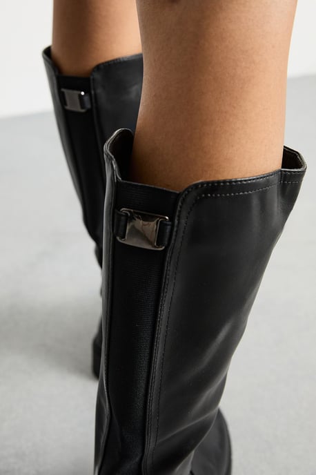 Faith: Daphne Faux Leather Back Elastic Chunky Knee Boots - Image 4