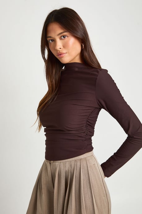 Grown On Neck Ruched Side Long Sleeve Top - Image 1