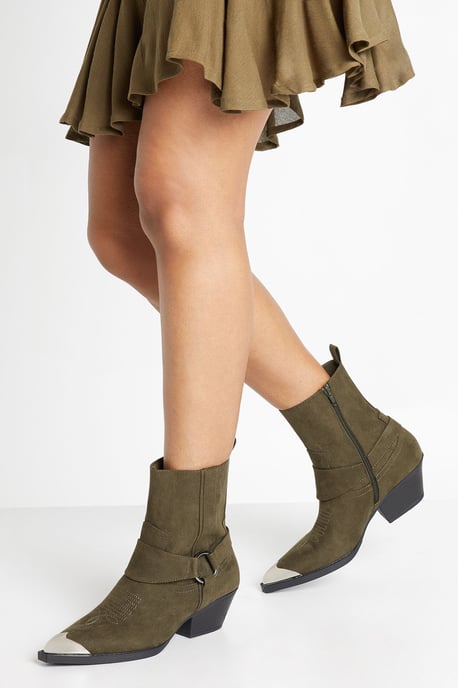 Faux Suede Silver Toe Cap Western Ankle Cowboy Boots - Image 1