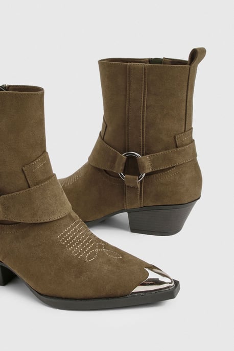 Faux Suede Silver Toe Cap Western Ankle Cowboy Boots - Image 6