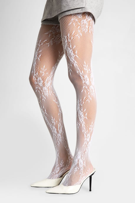 White Floral Lace Fishnet Tights - Image 1