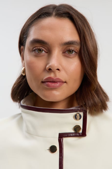 Compact Stretch Pu Mix Tailored Belted Jacket - Image 3