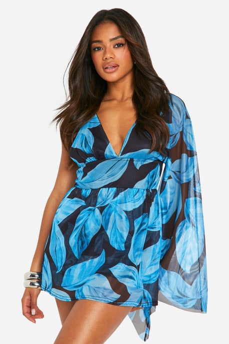 Lined Mesh Leaf Print Skort Playsuit - Image 1