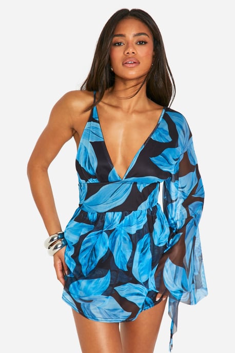 Lined Mesh Leaf Print Skort Playsuit - Image 3
