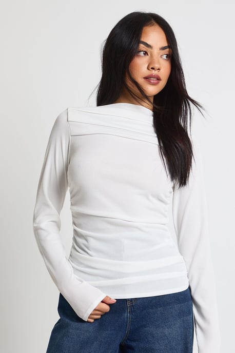 Ribbed Draped Front Long Sleeve Top - Image 1