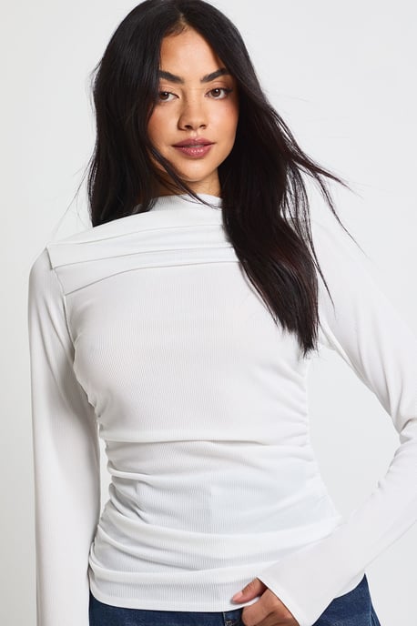 Ribbed Draped Front Long Sleeve Top - Image 4