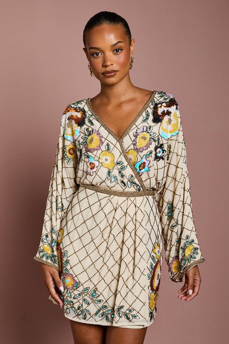 Petite Wrap Top Floral Embellished Mini Dress - Image 2