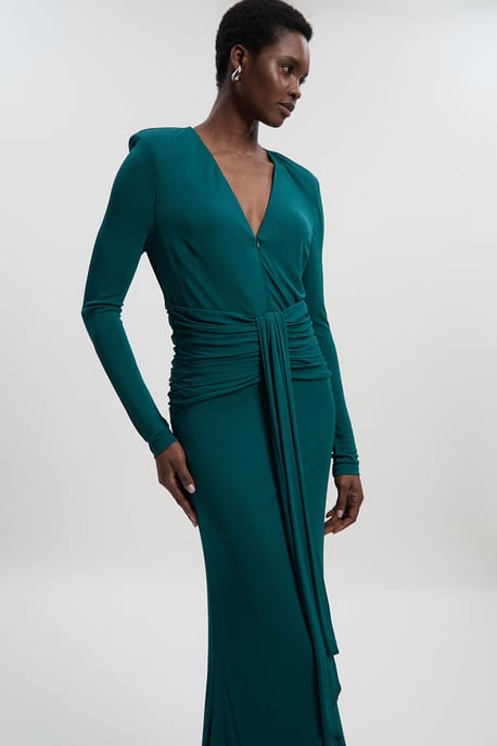 Premium Stretch Crepe Jersey V Neck Zip Detail Maxi Dress - Image 1