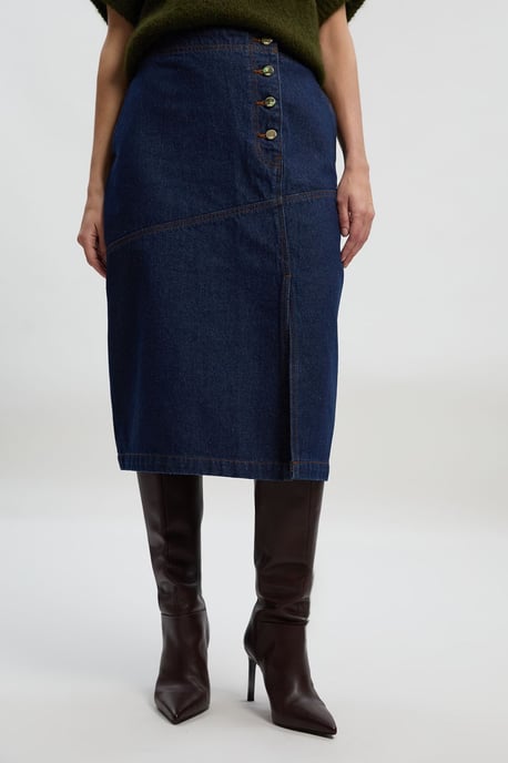 Denim Asymmetric Button Front A line Skirt - Image 2