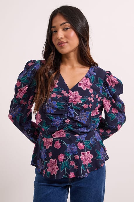 Petite Blue Floral Button Detail Printed Peplum Blouse - Image 1