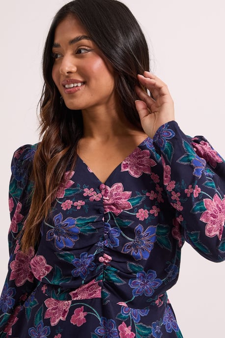 Petite Blue Floral Button Detail Printed Peplum Blouse - Image 3
