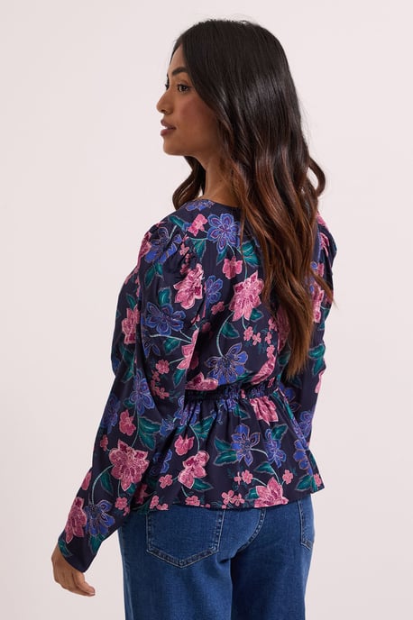 Petite Blue Floral Button Detail Printed Peplum Blouse - Image 4