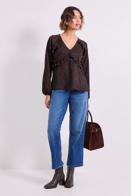 Brown Animal Empire Seam Frill Detail Printed Jersey Top - Image 2